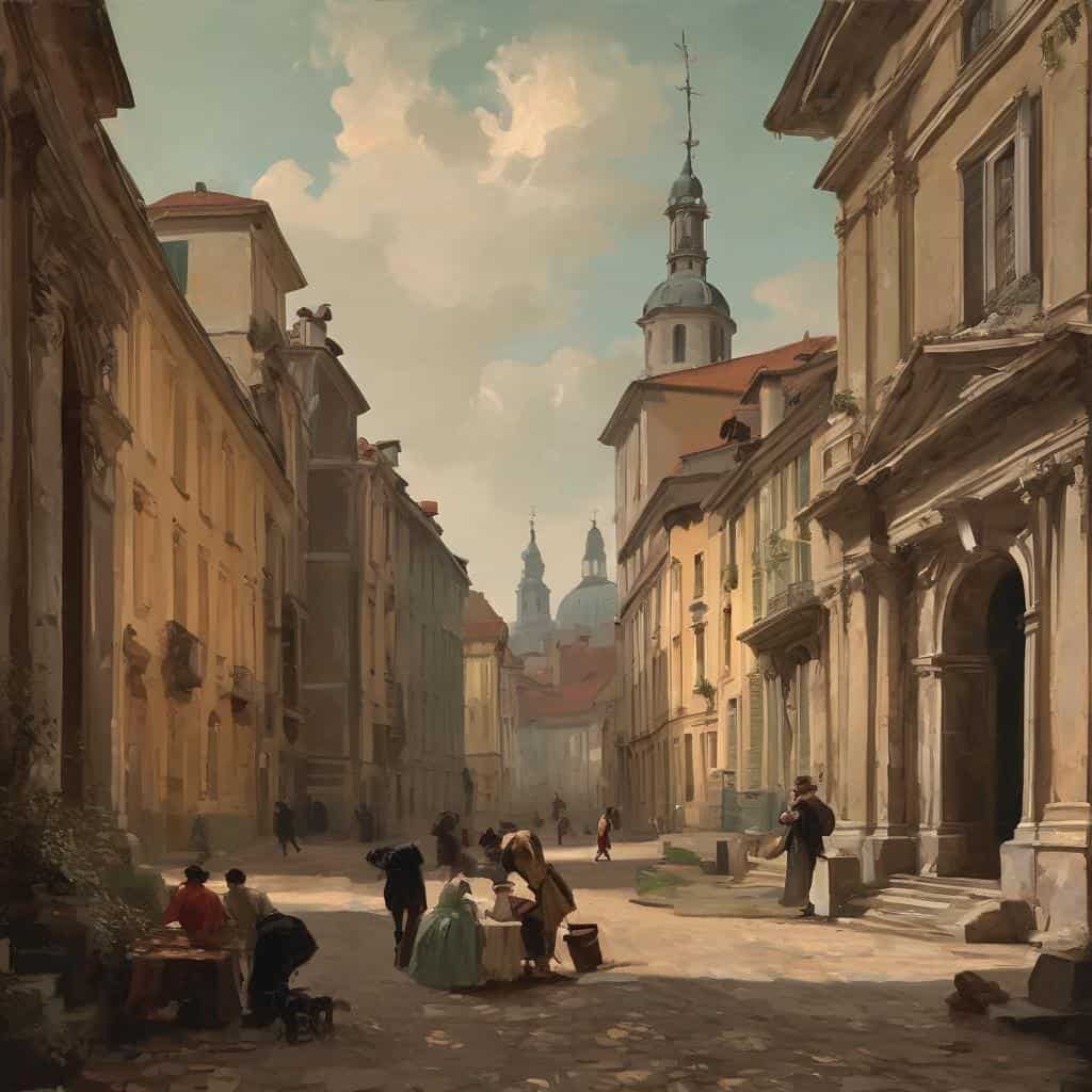 παλαιά αστική σκηνή, σύγχρονη τέχνη και καινοτόμες προσεγγίσεις, ζωγραφική, ιστορικό περιβάλλον, καλλιτεχνική δημιουργία, ποιοτική τέχνη.